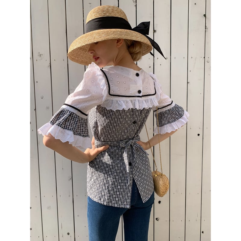 cotton lace×gingham check frill blouse | épine 