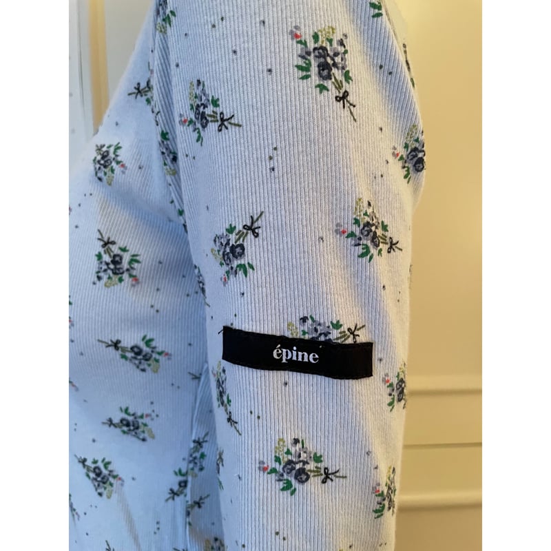 épine label rib cotton high neck flower ice blu