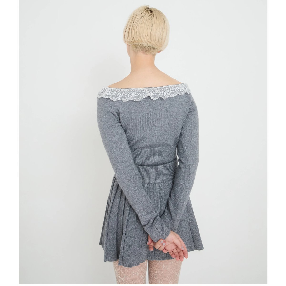 épine lace knit & pleats skirt set up（2color） |