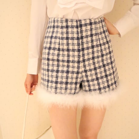 check tweed fur short pants blue