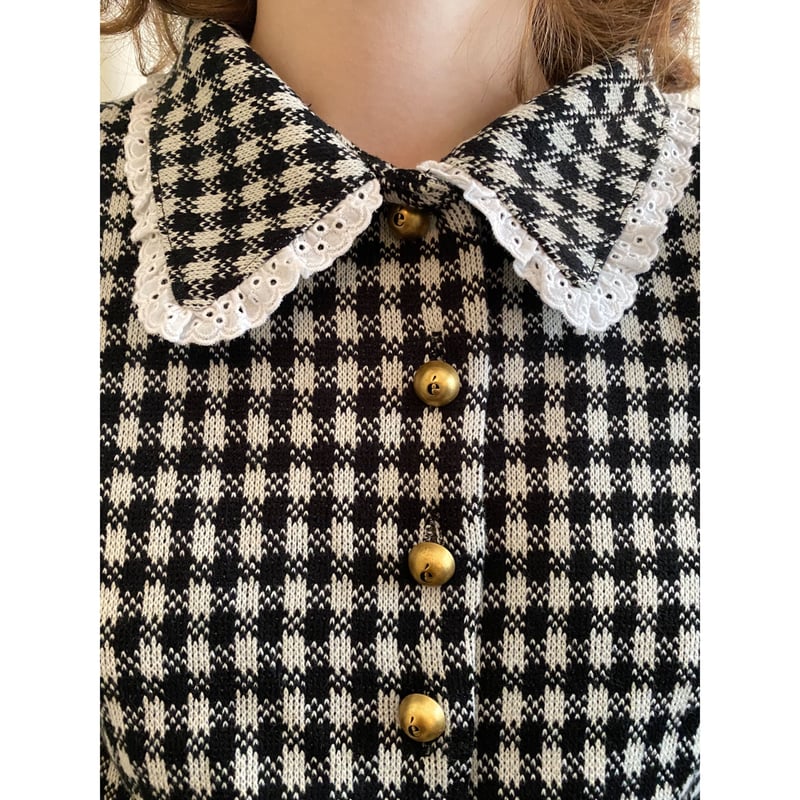 lace collar é button check knit cardigan | épine lace collar é button check knit cardigan | épine