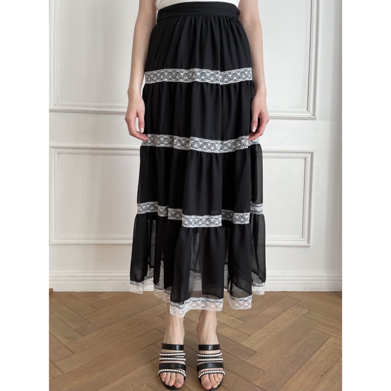 chiffon lace tiered long skirt black | épine
