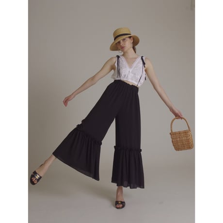 see-through  frill wide pants