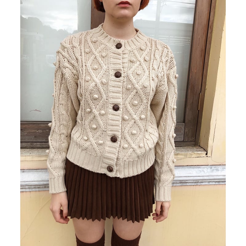 epine pom pom cable knit cardigan ivory - カーディガン