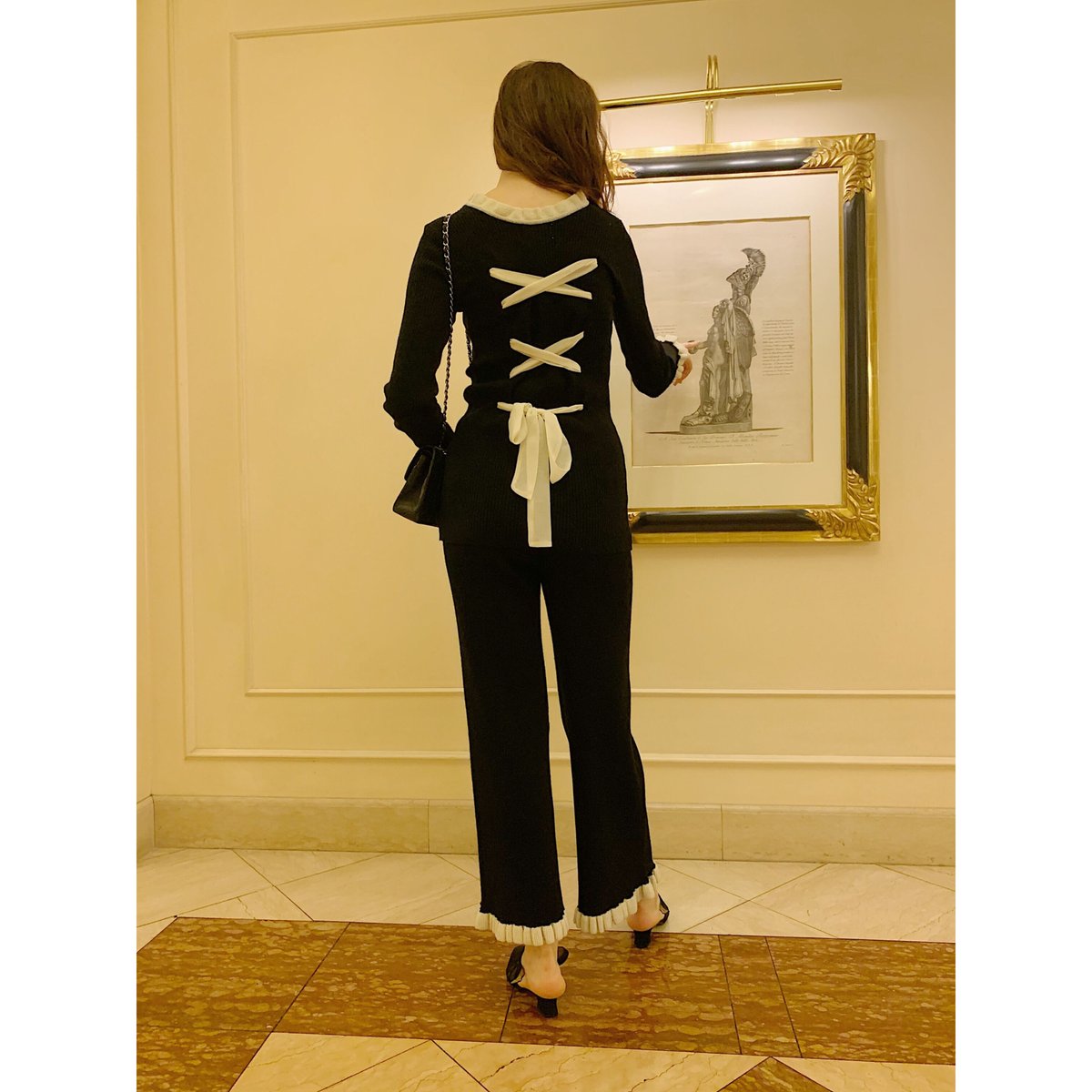 【Special price】lace up ribbon frill rib knit set up black