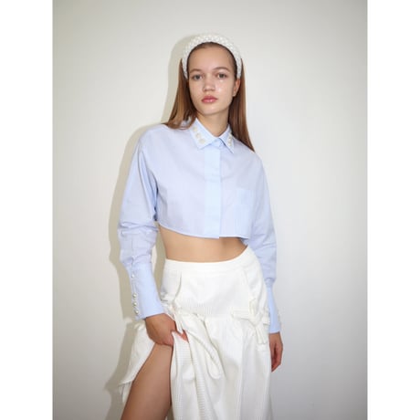 é flower pearl short shirt blue stripe