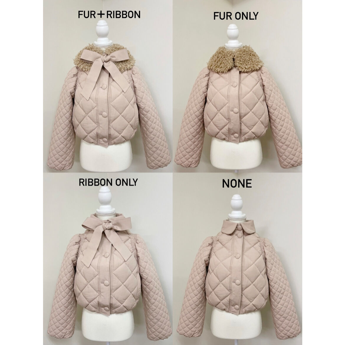 fur ribbon quilting short down coat pink beige 