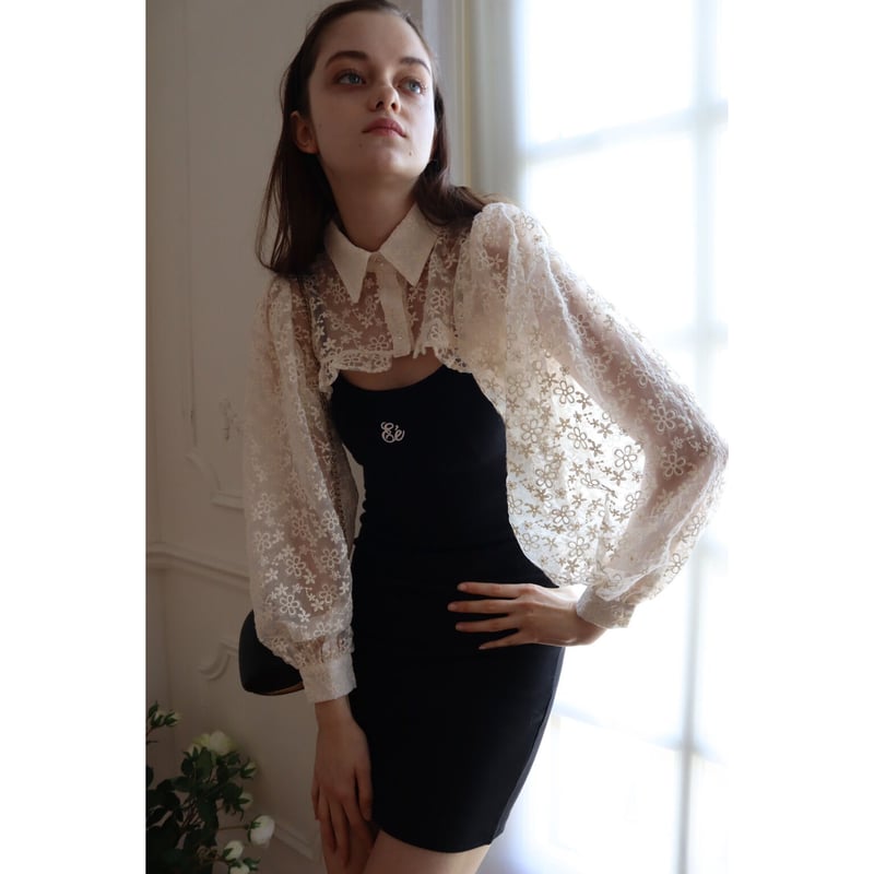 arm volume frill cropped blouse organdy flower ...