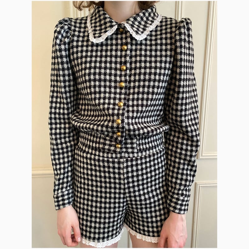 lace collar é button check knit cardigan | épine lace collar é button check knit cardigan | épine