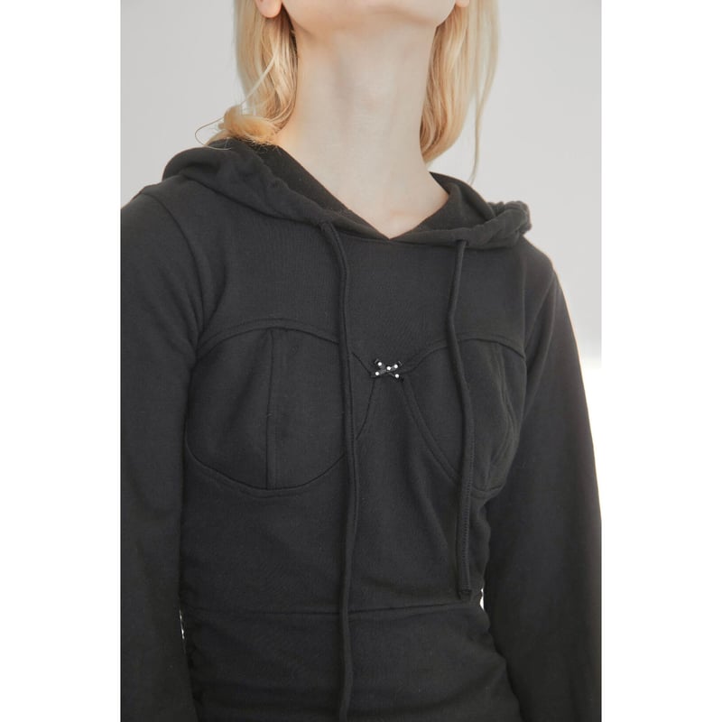 rhinestone ribbon gather hoodie onepiece(2color...