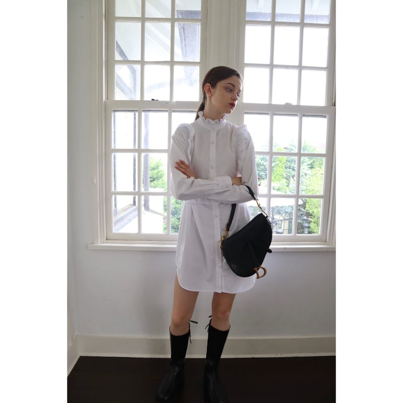square frill back ribbon shirt onepiece white |