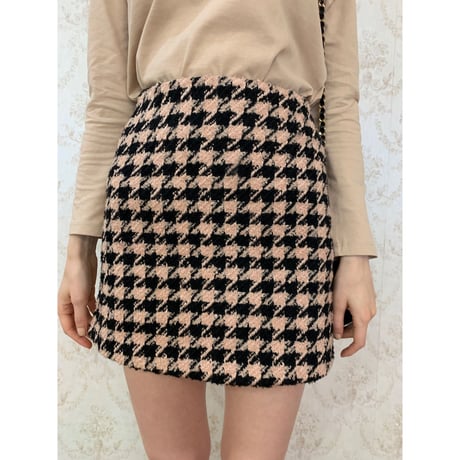 tweed  beige×black check mini skirt