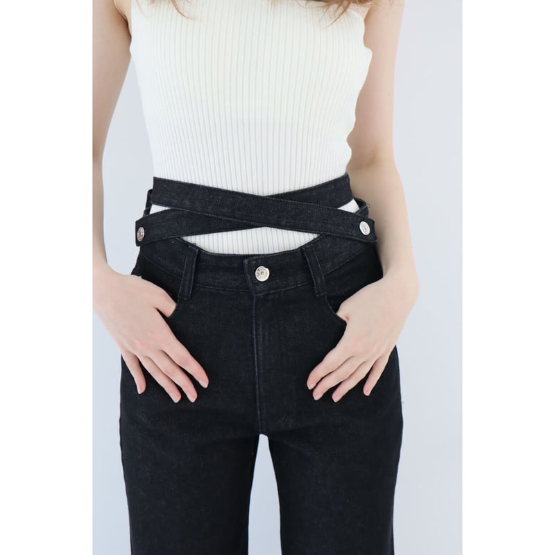 Eé ribbon side slit 2way jeans black | épine Eé ribbon side slit 2way jeans black | épine