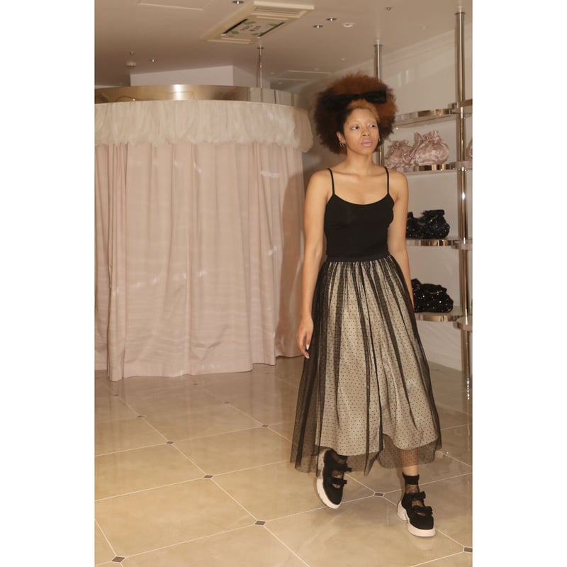 dot tulle long skirt beige×black | épine