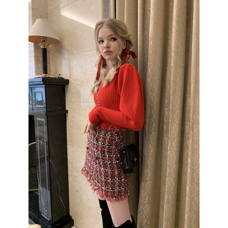 tweed double button mini skirt red | épine