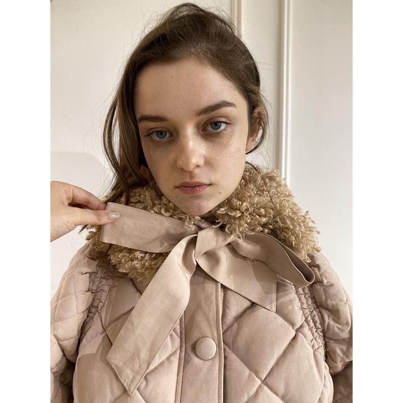 fur ribbon quilting short down coat pink beige fur ribbon quilting short down coat pink beige