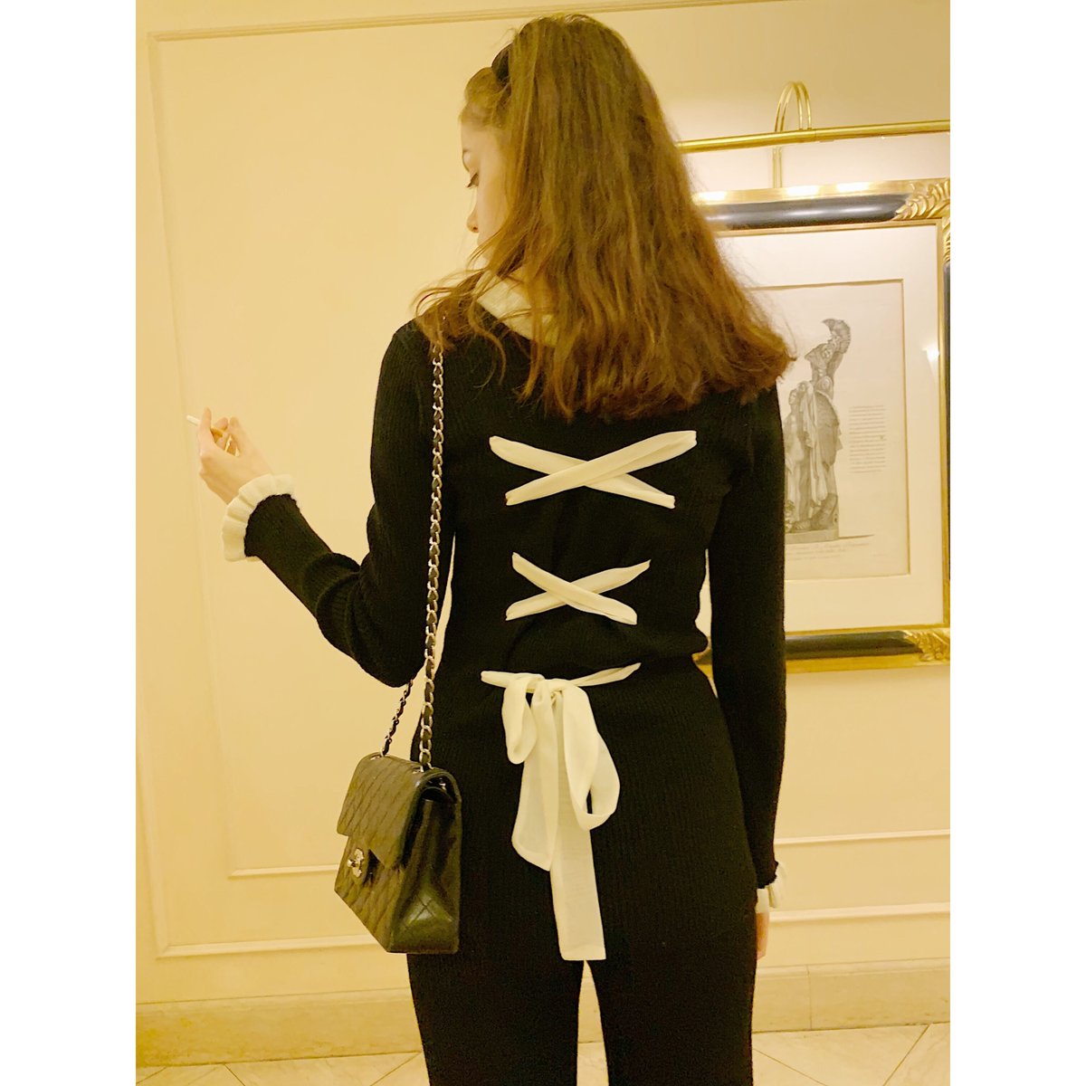 Special price】lace up ribbon frill rib knit se...