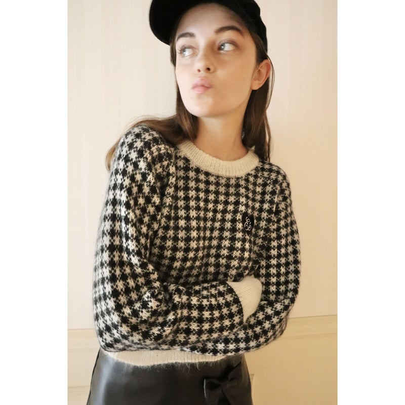 ♡Eé check mohair knit white×black | épine