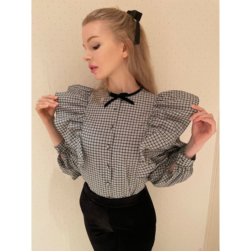 velours ribbon frill blouse check | épine