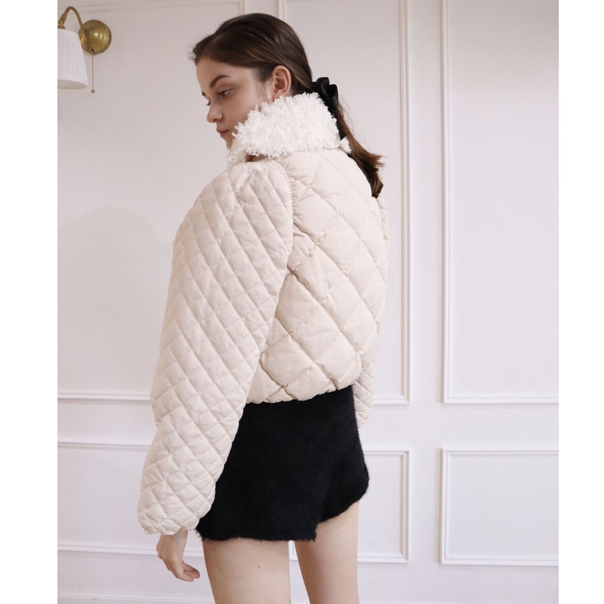 fur ribbon quilting short down coat