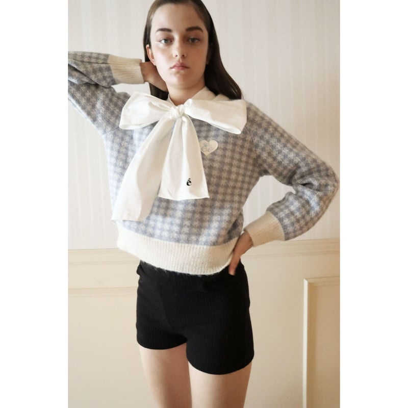 ♡Eé check knit white×iceblue | épine