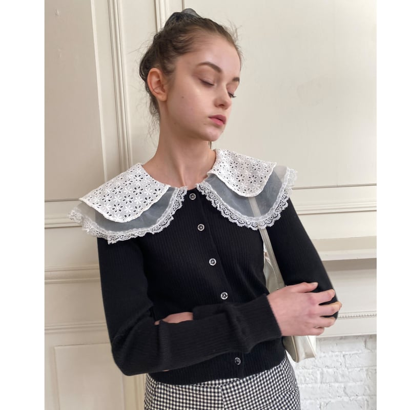 see-through lace collar rib cardigan black | épine