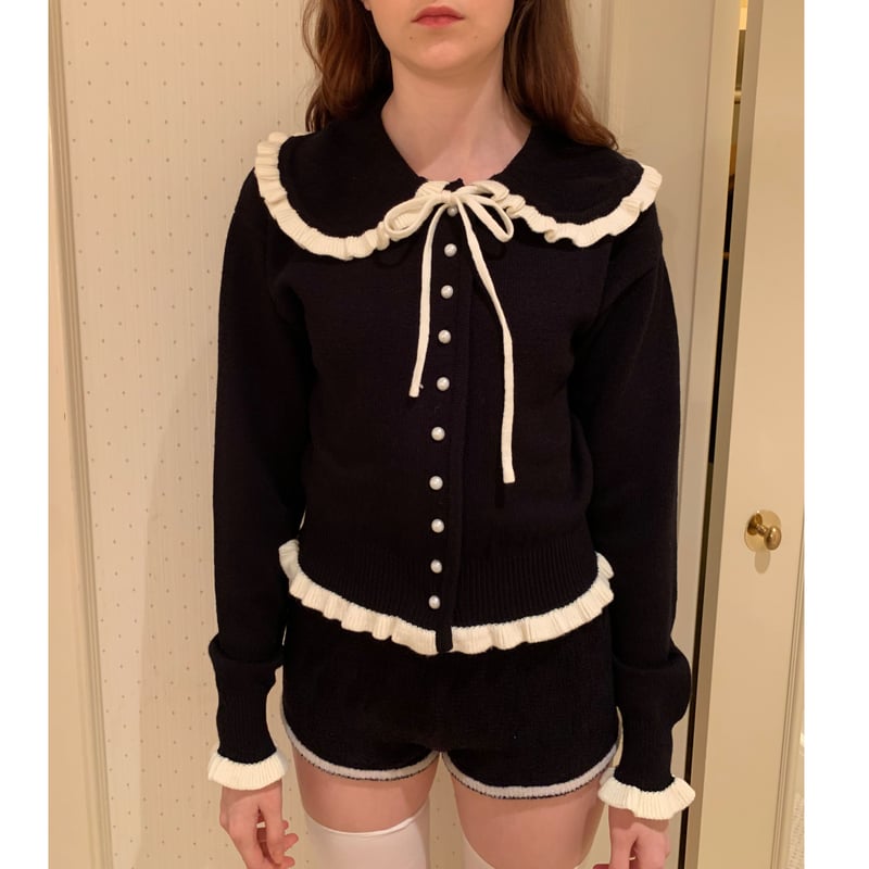 frill collar pearl knit cardigan black×ivory | 