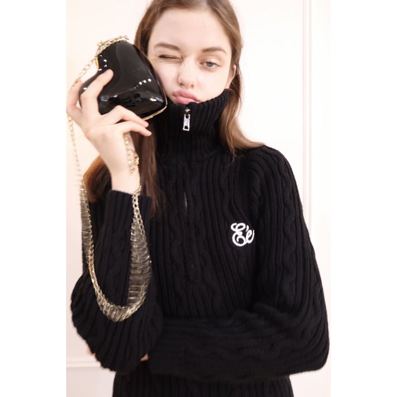 Eé half zip cable knit onepiece black | épine Eé half zip cable knit onepiece black | épine