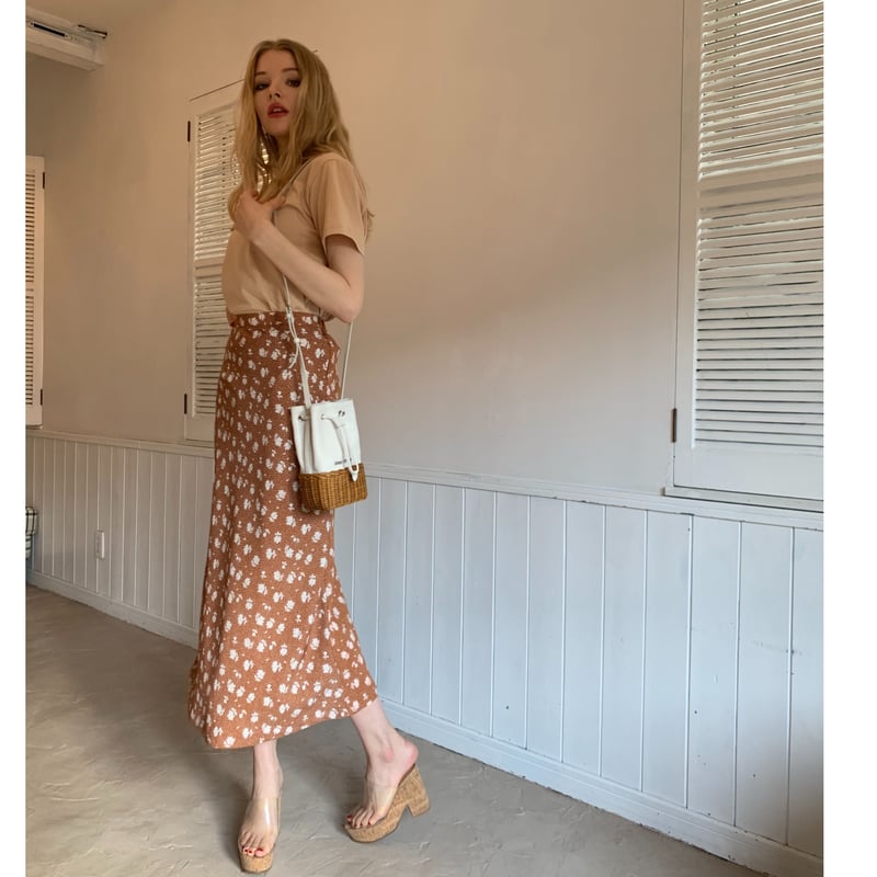 dot flower straight long skirt brown | épine