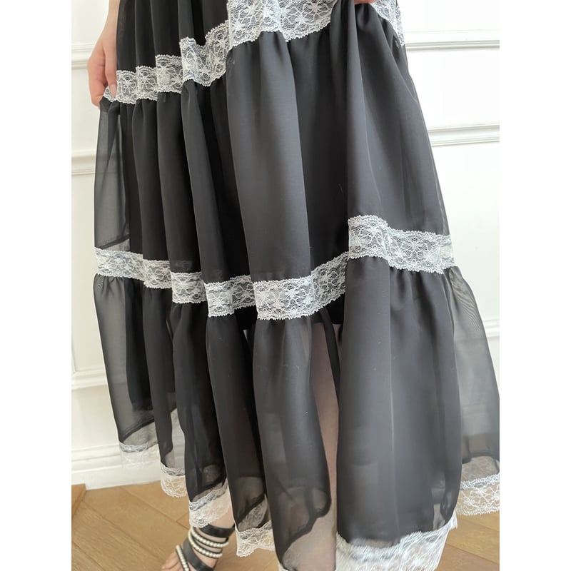 chiffon lace tiered long skirt black | épine