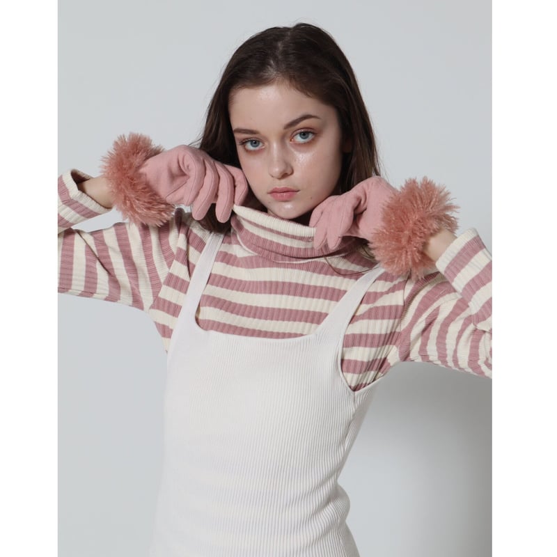 é embroidery rib knit high neck pink border | é...