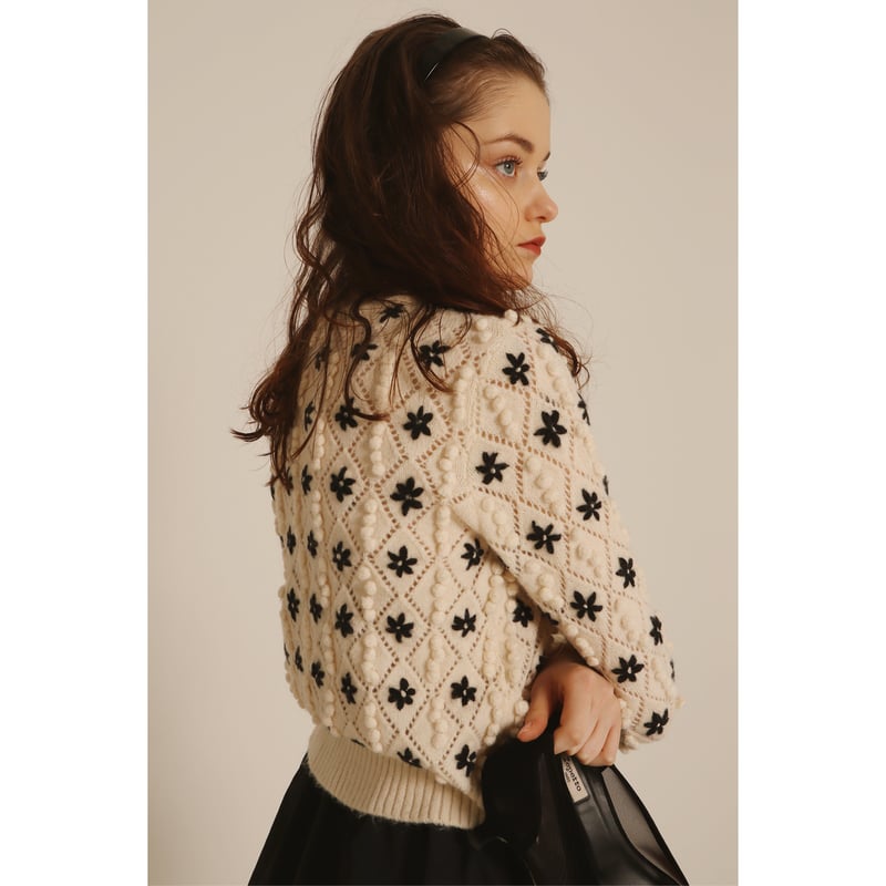 all handmade pom pom flower cardigan black | épine all handmade pom pom flower cardigan black | épine