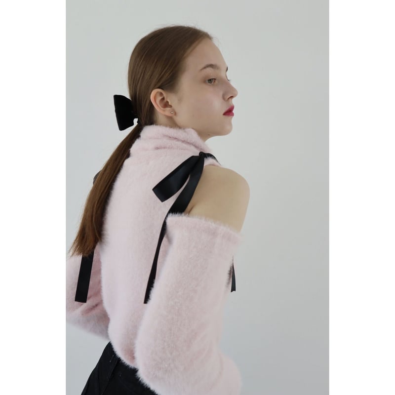 mohair ribbon shoulder off knit pink | épine