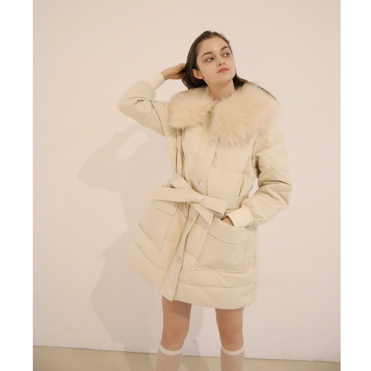 fur collar quilting down coat ivory