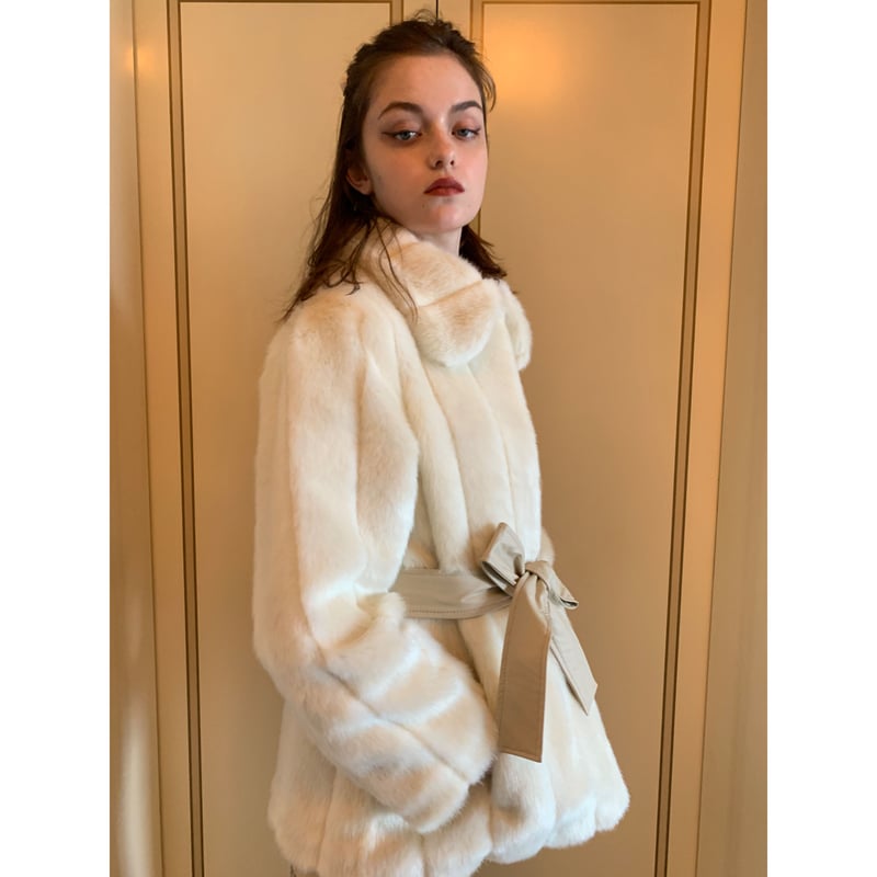 parisienne ribbon 2way fur coat ivory | épine