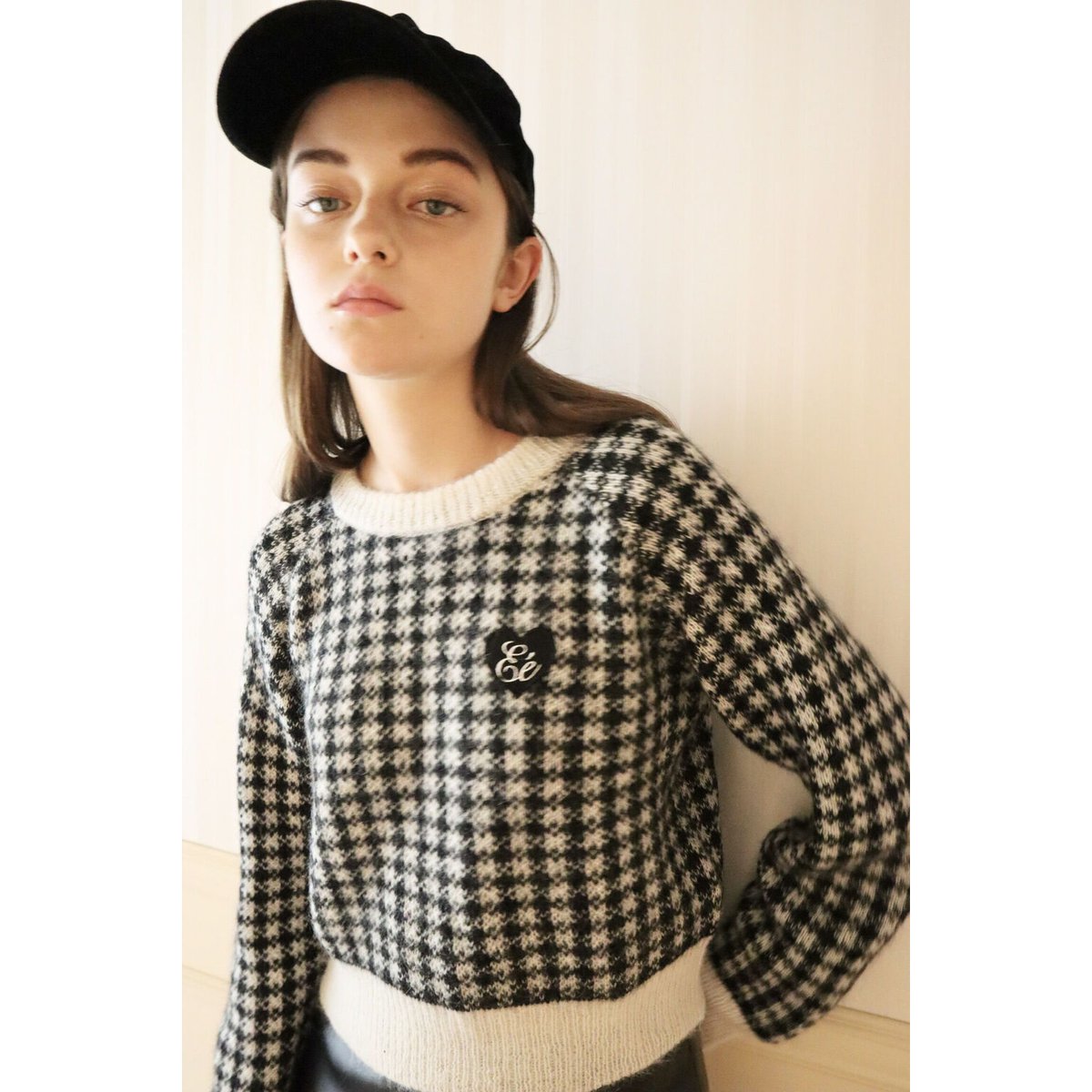♡Eé check mohair knit white×black | épine 