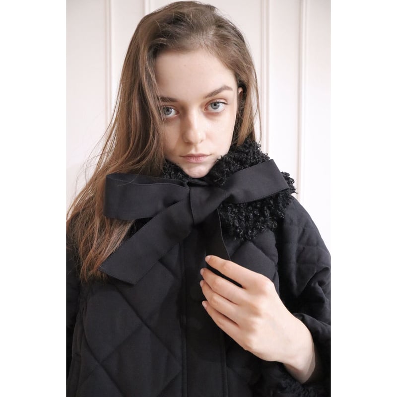 fur ribbon quilting short down coat black   épine