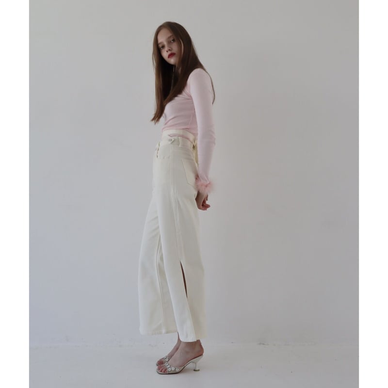 Eé ribbon side slit 2way jeans ivory | épine Eé ribbon side slit 2way jeans ivory | épine