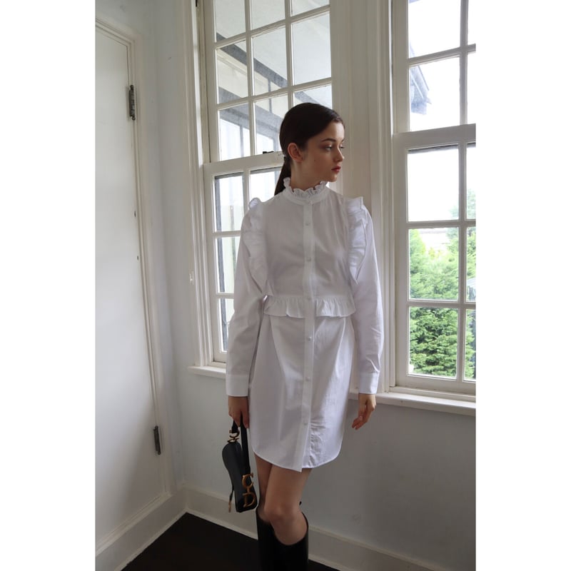square frill back ribbon shirt onepiece white |