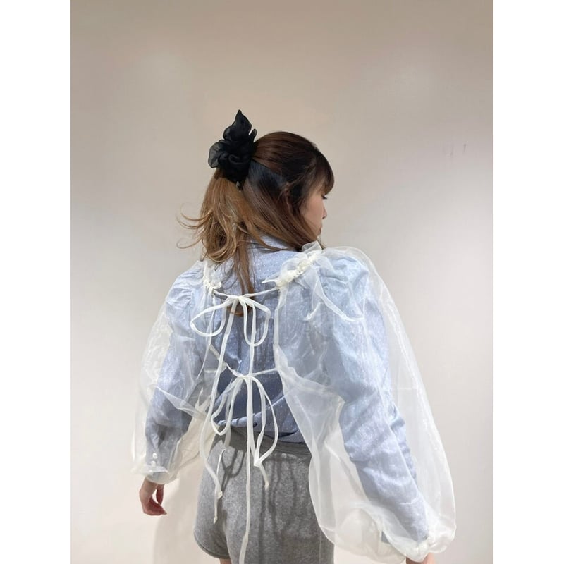 gather ribbon volume sleeve blouse organdy ivor...