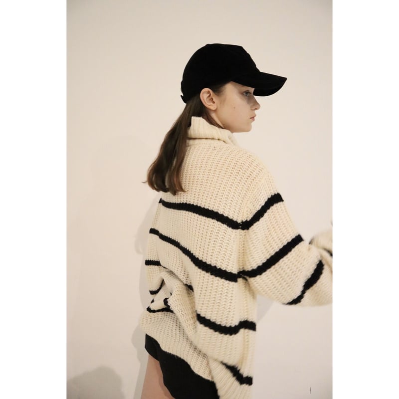 ♡Éé high neck big border knit ivory | épine