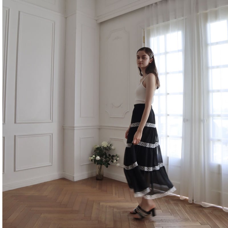 chiffon lace tiered long skirt black | épine