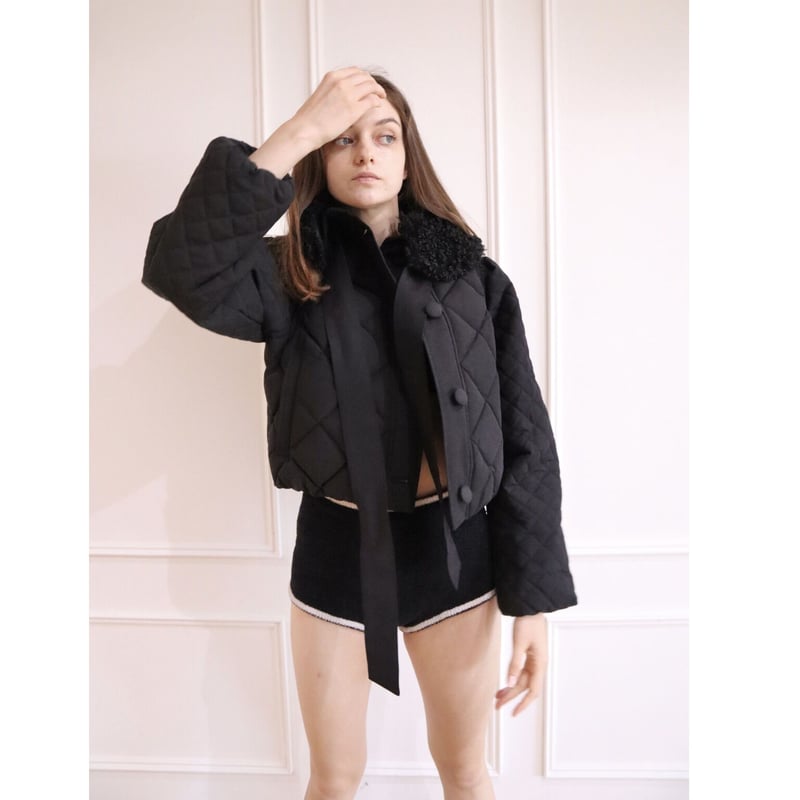 fur ribbon quilting short down coat black | épine