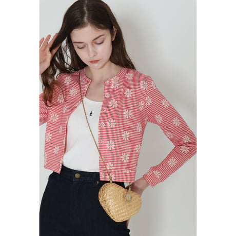 gingham flower clear button cardigan red
