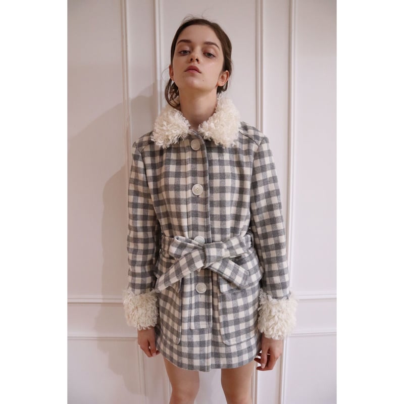 epine poodle fur coat gray check