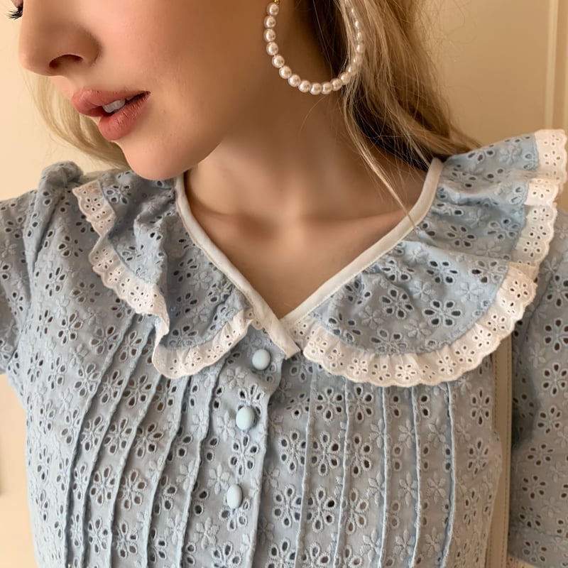 all lace frill blouse ice blue | épine