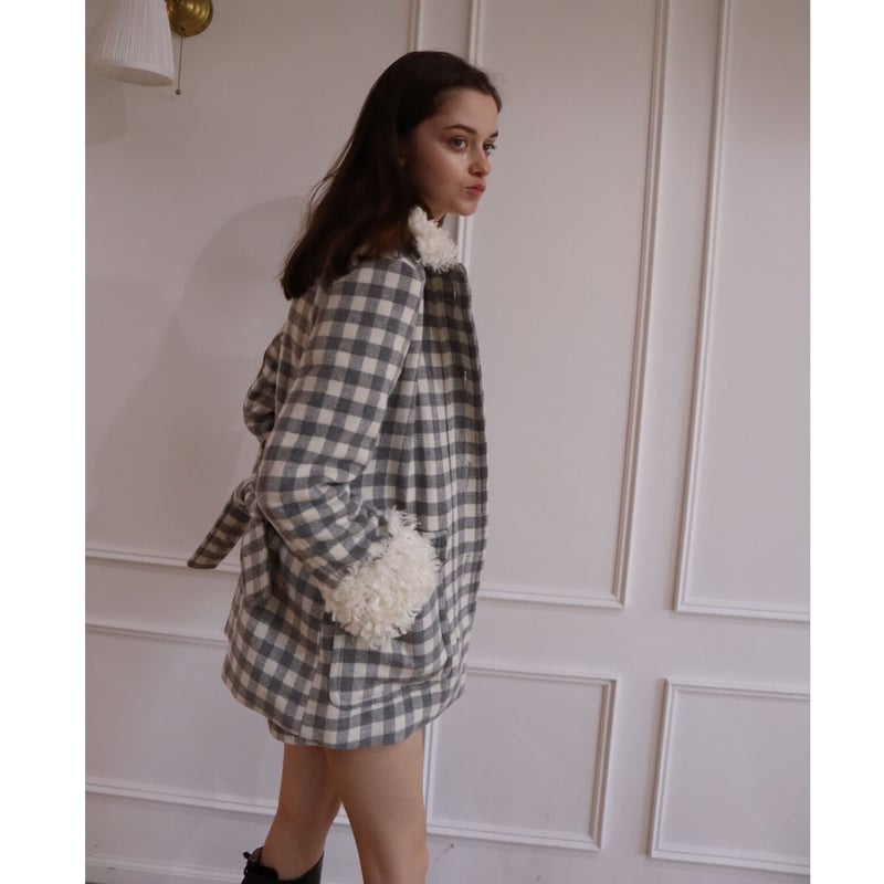 epine poodle fur coat gray check