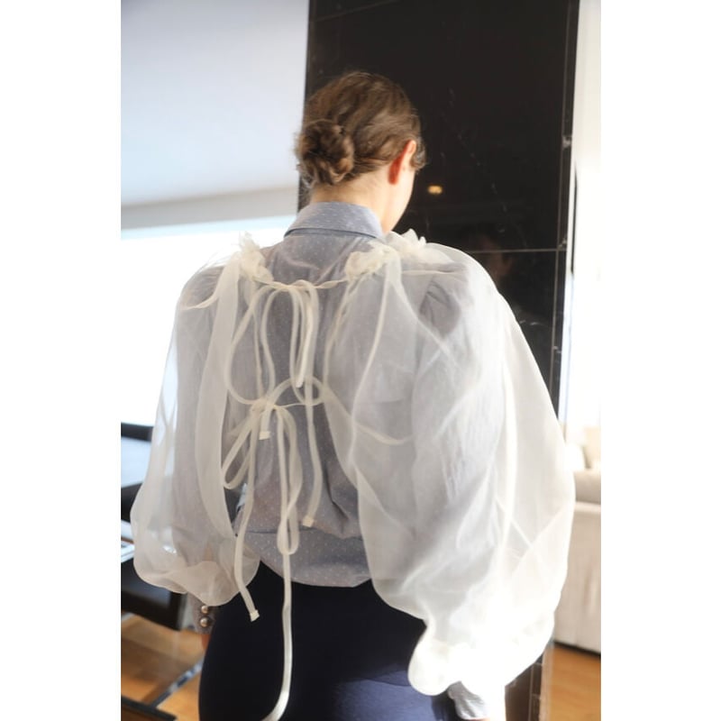 gather ribbon volume sleeve blouse organdy ivor