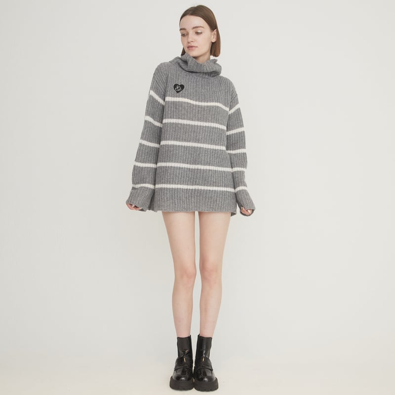♡Éé high neck big border knit gray | épine
