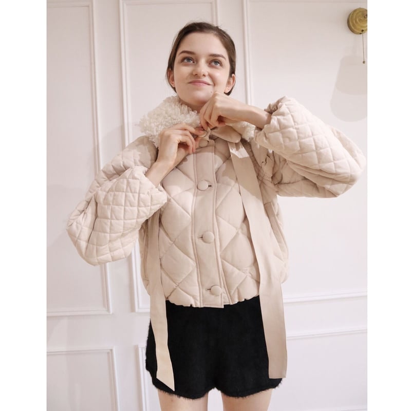 fur ribbon quilting short down coat-